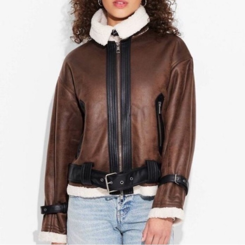 Faux Shearling Aviator Jacket Vintage Style Wild Fable Brown SIZE XL NWT